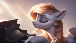 Size: 3840x2160 | Tagged: safe, ai content, derpibooru import, generator:pony diffusion v6 xl, generator:stable diffusion, machine learning generated, derpy hooves, pegasus, pony, g4, eyes closed, female, mare, musical instrument, piano, profile, prompt in description, prompter:derp621, side view, smiling