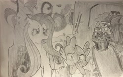 Size: 3894x2458 | Tagged: safe, derpibooru import, fluttershy, pinkie pie, spike, dragon, earth pony, pegasus, g4, atg 2024, baby, baby dragon, bag, covering mouth, cupcake, food, gasp, gross, grossed out, irl, monochrome, mountain, mountain range, newbie artist training grounds, offscreen character, pencil drawing, photo, picture, raised hoof, raised leg, saddle bag, traditional art, trio