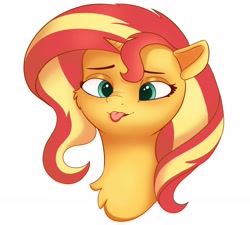 Size: 3406x3066 | Tagged: safe, artist:bluishdraft, derpibooru import, sunset shimmer, pony, unicorn, g4, :p, bust, cheek fluff, cute, female, high res, horn, mare, neck fluff, portrait, shimmerbetes, silly, silly face, silly pony, simple background, small horn, solo, tongue, tongue out, white background