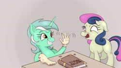 Size: 3840x2160 | Tagged: safe, artist:nedemai, derpibooru import, bon bon, lyra heartstrings, sweetie drops, earth pony, pony, unicorn, g4, 4k, atg 2024, bon bon is not amused, book, disgusted, duo, duo female, ears, feet, female, floppy ears, frown, grin, hand, high res, horn, human feet, l.u.l.s., newbie artist training grounds, nose wrinkle, open mouth, partial transformation, smiling, that pony sure does love hands, unamused, waving, what has magic done