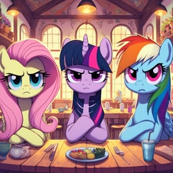 Size: 1024x1024 | Tagged: safe, ai content, derpibooru import, generator:dall-e 3, machine learning generated, fluttershy, rainbow dash, twilight sparkle, pegasus, unicorn, g4, angry, crossed arms, diner, female, fluttershy is not amused, glare, horn, mare, not impressed, rainbow dash is not amused, stare, trio, trio female, twilight sparkle is not amused, uh oh, unamused