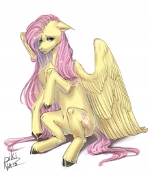 Size: 1768x2048 | Tagged: safe, artist:pikinas13, derpibooru import, fluttershy, pegasus, pony, g4, ears, floppy ears, simple background, sitting, solo, white background