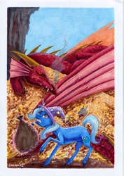 Size: 4901x6931 | Tagged: safe, artist:cahandariella, derpibooru import, trixie, dragon, horse, pony, unicorn, g4, atg 2024, cavern, full background, gold, horn, marker drawing, newbie artist training grounds, scared, sleeping, thief, too dumb to live, traditional art, trixie is a goddamn moron