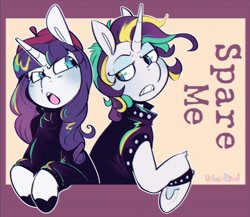 Size: 3000x2598 | Tagged: safe, artist:urbanqhoul, derpibooru import, rarity, pony, unicorn, g4, alternate hairstyle, beatnik rarity, beret, clothes, duality, female, gritted teeth, hat, high res, horn, leather, leather vest, lidded eyes, mare, open mouth, passepartout, punk, raripunk, signature, spiked wristband, sweater, teeth, text, turtleneck, vest, wristband