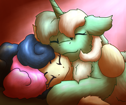 Size: 2400x2000 | Tagged: safe, artist:gosha305, derpibooru import, bon bon, lyra heartstrings, sweetie drops, pony, bust, chest fluff, cute, duo, ear fluff, ears, eyes closed, female, fluffy, horn, hug, lesbian, lying down, lyrabetes, lyrabon, mare, morning, portrait, shipping, sleeping, smiling, snuggling