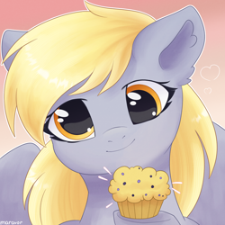 Size: 1500x1500 | Tagged: safe, artist:maravor, derpibooru import, derpy hooves, pegasus, pony, g4, female, food, gradient background, mare, muffin, smiling, solo