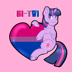 Size: 3200x3200 | Tagged: safe, artist:yumomochan, derpibooru import, twilight sparkle, twilight sparkle (alicorn), alicorn, bilight sparkle, bisexual pride flag, female, heart, hug, mare, pride, pride flag, pride month, purple background, simple background, solo