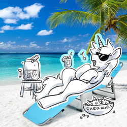 Size: 1807x1809 | Tagged: safe, artist:opalacorn, derpibooru import, oc, oc only, pony, unicorn, beach, beach chair, chair, cherry, drink, food, horn, levitation, lounging, magic, music notes, ocean, palm tree, punch (drink), solo, telekinesis, tree, water