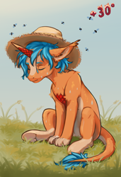 Size: 832x1216 | Tagged: safe, artist:kirby_orange, derpibooru import, oc, oc:kirby orange, pony, unicorn, ear fluff, ears, eyes closed, grass, hat, heat, hooves, horn, hot day huh?, male, orange body, paws, scales, short hair, sitting, tail, tired