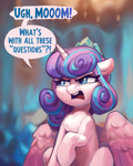 Size: 1600x2000 | Tagged: safe, artist:jewellier, derpibooru import, princess flurry heart, alicorn, pony, series:ask flurry heart, g4, abstract background, ask, cover art, crown, english, female, filly, flurry heart is not amused, foal, implied princess cadance, jewelry, mare, mlp art ask (ru), older, older flurry heart, regalia, solo, speech bubble, text, translation, unamused