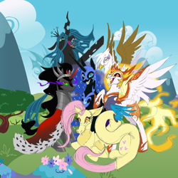 Size: 2828x2831 | Tagged: safe, artist:hkpegasister, derpibooru import, daybreaker, discord, gilda, king sombra, nightmare moon, queen chrysalis, g4, antagonist, disguised discord, female, grass, hill, male, mane six opening poses, mare, stallion