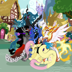 Size: 2828x2831 | Tagged: safe, artist:hkpegasister, derpibooru import, daybreaker, discord, gilda, king sombra, nightmare moon, queen chrysalis, g4, antagonist, canterlot, disguised discord, female, group, male, mane six opening poses, mare, ponyville, stallion