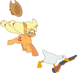 Size: 2203x2095 | Tagged: safe, artist:threetwotwo32232, derpibooru import, applejack, bird, earth pony, goose, pony, g4, applejack's hat, atg 2024, clothes, cowboy hat, eye clipping through hair, eyebrows, eyebrows visible through hair, gun, hat, newbie artist training grounds, peace was never an option, running, shotgun, simple background, solo, transparent background, untitled goose game, weapon