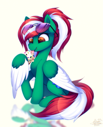 Size: 1113x1374 | Tagged: safe, artist:scarlet-spectrum, derpibooru import, oc, oc only, pegasus, pony, eating, food, ice cream, licking, pegasus oc, reflection, solo, tongue, tongue out, wing hold, wings