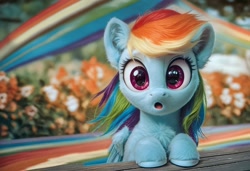 Size: 1216x832 | Tagged: safe, ai content, derpibooru import, generator:pony diffusion v6 xl, generator:stable diffusion, machine learning generated, rainbow dash, pegasus, g4, :o, detailed, ear fluff, ears, fluffy, open mouth, outdoors, prompter:kluknawa235, realistic, solo