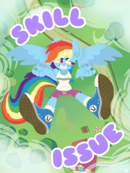 Size: 2160x2880 | Tagged: safe, artist:kenn, derpibooru import, rainbow dash, anthro, g4, clothes, cute, female, shoes, shorts, shrug, skill issue, sneakers, solo, sweet apple acres, tanktop, text