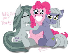 Size: 2012x1525 | Tagged: safe, artist:zeccy, derpibooru import, pinkie pie, earth pony, pony, g4, atg 2024, female, grin, hug, mare, newbie artist training grounds, siblings, simple background, sisters, sisters being sisters, smiling, transparent background, trio, trio female