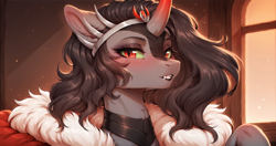 Size: 2268x1200 | Tagged: safe, ai content, derpibooru import, machine learning generated, king sombra, unicorn, bust, craft, female, horn, lips, looking at you, makeup, mare, portrait, prompter:greesys, rule 63, sculpture, solo
