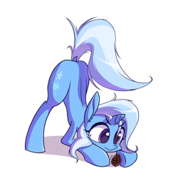 Size: 3500x3500 | Tagged: safe, artist:kaf_pone, derpibooru import, trixie, pony, unicorn, g4, behaving like a cat, dock, face down ass up, female, horn, mare, pinecone, simple background, solo, tail