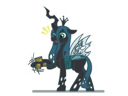 Size: 1800x1350 | Tagged: safe, artist:flutterluv, derpibooru import, queen chrysalis, changeling, changeling queen, g4, !!!, 2024, chrysalis day, cork, exclamation point, shaking hoof, simple background, solo, transparent background