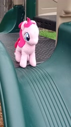 Size: 2618x4656 | Tagged: safe, derpibooru import, pinkie pie, earth pony, pony, caption, irl, outdoors, photo, plushie, slide, solo, text