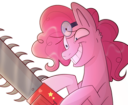 Size: 1280x1042 | Tagged: safe, artist:aphrogaia, derpibooru import, pinkie pie, earth pony, pony, fanfic:cupcakes, chainsaw, cupcakes hd, evil smile, female, grin, insanity, mare, pinkamena diane pie, simple background, smiling, solo, sticker, transparent background