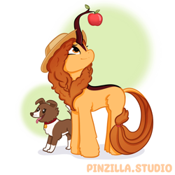 Size: 640x640 | Tagged: safe, artist:pinzillastudio, derpibooru import, winona, oc, oc only, dog, kirin, pony, g4, apple, applejack's hat, clothes, collar, cowboy hat, duo, duo female, female, food, fusion, fusion:applejack, fusion:autumn blaze, fusion:autumnjack, hairband, hat, kirin oc, looking up, simple background, smiling, tongue, tongue out, white background