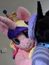 Size: 3024x4032 | Tagged: safe, artist:qtpony, derpibooru import, princess cadance, princess luna, alicorn, human, clothes, duo, fursuit, irl, irl human, jewelry, photo, plushie, ponysuit, regalia, socks, striped socks