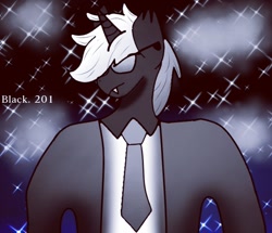 Size: 614x529 | Tagged: safe, artist:blacksun nuller, derpibooru import, oc, oc only, oc:blacksun, anthro, unicorn, clothes, fangs, gray coat, horn, necktie, night, short mane, sunglasses, unicorn oc, white mane