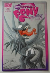 Size: 623x911 | Tagged: safe, artist:jared barber, derpibooru import, idw, twilight sparkle, twilight sparkle (alicorn), alicorn, pony, g4, antagonist, claws, comic cover, cover, cover art, crossover, evil, fan cover, female, long tongue, marvel, my little pony logo, sharp teeth, solo, spider-man, symbiote, symbiote pony, teeth, tongue, tongue out, traditional art, venom, venom twilight