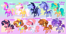 Size: 4432x2302 | Tagged: safe, artist:janegumball, derpibooru import, oc, oc only, oc:blackberry, oc:flamingo, oc:jelly, oc:ladybug, oc:lavender, oc:peanut butter, oc:piña colada, oc:sherbert, oc:shore thing, oc:tea time, donkey, earth pony, pegasus, pony, unicorn, adoptable, ambiguous gender, bangs, beauty mark, beehive hairdo, big ears, big eyes, big glasses, blaze (coat marking), blue coat, blue eyelashes, blue eyes, blue eyeshadow, blue hooves, blue mane, blue pupils, blue sclera, blue tail, bobcut, brown eyelashes, brown mane, brown tail, bucktooth, choker, clothes, coat markings, collar, colored belly, colored eyelashes, colored hooves, colored muzzle, colored pinnae, colored pupils, colored sclera, colored wings, colored wingtips, countershading, curly hair, curly mane, curly tail, donkey oc, ear piercing, earring, ears, earth pony oc, eyelashes, eyeshadow, facial markings, female, flower, flower on ear, folded wings, for sale, freckles, glasses, golden eyes, gradient background, group, hairband, headband, heart, heart eyes, high res, horn, jewelry, leg warmers, leonine tail, lidded eyes, long mane, long tail, looking back, makeup, male, mare, multicolored mane, multicolored tail, neck bow, neckerchief, necklace, nose piercing, orange coat, orange eyes, orange pupils, pale belly, passepartout, pearl necklace, pegasus oc, piercing, pink coat, pink eyes, pink eyeshadow, pink hooves, pink mane, pink pupils, pink tail, profile, purple coat, purple eyelashes, purple eyes, purple eyeshadow, purple hooves, purple mane, purple pupils, purple tail, raised hoof, raised leg, red bow, red neckwear, red pupils, septum piercing, shawl, shiny mane, shiny tail, short hair, short tail, smiling, socks (coat marking), sparkly eyes, spiked choker, spiked collar, spiky mane, spiky tail, spread wings, square glasses, stallion, standing, straight mane, straight tail, striped leg warmers, tail, tall ears, thin legs, three toned mane, three toned tail, tri-color mane, tri-colored mane, tricolored mane, tricolored tail, two toned eyes, two toned mane, two toned wings, unicorn horn, unicorn oc, wall of tags, wavy mane, wavy tail, white coat, wingding eyes, wings, wolf cut, yellow coat