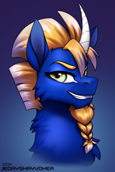 Size: 2000x3000 | Tagged: safe, artist:jedayskayvoker, derpibooru import, oc, oc:tequila azide, pony, unicorn, beard, bust, cheek fluff, chest fluff, curved horn, evil smile, facial hair, fluffy, gradient background, horn, icon, looking at you, male, portrait, smiling, solo, stallion, subscribestar reward, thick eyebrows, unicorn oc