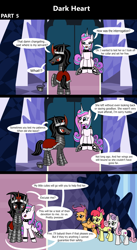 Size: 1920x3516 | Tagged: safe, artist:platinumdrop, derpibooru import, apple bloom, king sombra, princess flurry heart, scootaloo, sweetie belle, alicorn, earth pony, pegasus, pony, unicorn, comic:dark heart, g4, 3 panel comic, abuse, alternate timeline, angry, applebuse, armor, chains, collar, comic, commission, crystal, crystal castle, crystal empire, cutie mark crusaders, dark crystal, dialogue, evil flurry heart, female, flurry heart is amused, folded wings, horn, husband and wife, indoors, looking at each other, looking at someone, male, mare, married couple, nervous, nuzzling, older, older apple bloom, older cmc, older flurry heart, older scootaloo, older sweetie belle, scootabuse, ship:flurrybra, shipping, sitting, slave, slave collar, smiling, smug, smug smile, speech bubble, spiked collar, spiked wristband, stallion, straight, surprised, sweetiebuse, throne, throne room, up to no good, victorious villain, walking, wall of tags, wings, wristband