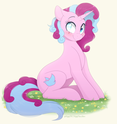Size: 1300x1373 | Tagged: safe, artist:higglytownhero, derpibooru import, oc, oc only, oc:cotton candy, pony, unicorn, blind eye, blushing, eye scar, facial scar, female, grass, horn, looking at you, scar, signature, simple background, sitting, smiling, solo