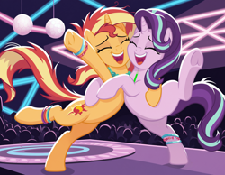 Size: 1728x1344 | Tagged: safe, ai content, derpibooru import, generator:stable diffusion, machine learning generated, starlight glimmer, sunset shimmer, pony, unicorn, g4, beads, bracelet, cheek to cheek, crowd, cute, dancing, duo, duo female, eyes closed, female, friendshipping, frog (hoof), generator:bluefox mix, glimmerbetes, glowstick, horn, hug, indoors, jewelry, leaning, leaning on someone, leg bracelet, mare, messy mane, necklace, neon, nightclub, open mouth, open smile, prompter:tyto4tme4l, raised leg, shimmerbetes, show accurate, smiling, stage, teeth, underhoof, uvula