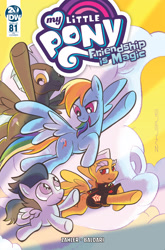 Size: 2063x3131 | Tagged: safe, artist:thom zahler, derpibooru import, idw, rainbow dash, rumble, thunderlane, pegasus, pony, g4, spoiler:comic, spoiler:comic81, 2019, backwards cutie mark, clothes, colt, comic cover, cover, cover art, dauntless, female, flying, foal, male, mare, my little pony logo, official comic, open mouth, open smile, signature, smiling, spread wings, stallion, tail, variant cover, wings