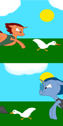 Size: 2500x5000 | Tagged: safe, artist:blazewing, derpibooru import, oc, oc only, oc:syntax, oc:tough cookie, bird, goose, pony, unicorn, 2 panel comic, angry, atg 2024, chase, chubby, clothes, cloud, colored background, comic, cookie, drawpile, fedora, female, food, glasses, hat, horn, jacket, male, mare, newbie artist training grounds, raised hoof, raised leg, running, stallion, sun, untitled goose game, vest, windswept mane