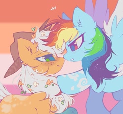Size: 1141x1060 | Tagged: safe, alternate version, artist:mirtash, derpibooru import, applejack, rainbow dash, earth pony, pegasus, pony, g4, alternate design, alternate eye color, appledash, applejack's hat, blonde, blonde mane, blonde tail, blue coat, blushing, boop, clothes, colored wings, colored wingtips, cowboy hat, duo, duo female, ear fluff, ears, emanata, eyebrows, eyebrows visible through hair, eyelashes, facing each other, female, flag background, flower, flower in hair, flying, freckles, frown, green eyes, hat, leg freckles, lesbian, lesbian pride flag, lidded eyes, long mane, looking at each other, looking at someone, mare, multicolored hair, narrowed eyes, noseboop, orange coat, ponytail, pride, pride flag, rainbow hair, raised hoof, raised leg, red eyes, shiny eyes, shipping, smiling, smiling at someone, sparkly mane, splotches, spread wings, standing, tail, tied mane, two toned wings, wings, zoomed in