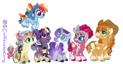 Size: 1250x655 | Tagged: safe, artist:caffeinatedcarny, derpibooru import, applejack, fluttershy, pinkie pie, rainbow dash, rarity, twilight sparkle, unicorn twilight, earth pony, pegasus, pony, unicorn, g4, adhd, afro mane, alternate cutie mark, alternate design, applejack's hat, arthritis, autism, bandana, blanket, blaze (coat marking), body freckles, braid, braided tail, cheek fluff, chubby, clothes, cloven hooves, coat markings, colored ears, colored hooves, colored wings, compression sleeves, countershading, cowboy hat, curved horn, disabled, down syndrome, ear fluff, ear tufts, ears, eyeshadow, facial markings, feathered fetlocks, flying, folded wings, freckles, glasses, gradient hooves, gradient horn, gradient legs, gradient mane, gradient tail, group, group photo, hair bun, hair tie, hair wrap, hat, headcanon, heterochromia, hoof on chest, horn, horseshoes, leg brace, leg fluff, leg freckles, leonine tail, lgbt, lgbt headcanon, lgbtq, lidded eyes, looking at someone, looking up, makeup, mane six, mealy mouth (coat marking), multicolored wings, open mouth, open smile, pegasus pinkie pie, physique difference, ponytail, race swap, rainbow wings, raised hoof, raised leg, redesign, sextet, short hair, short hair rainbow dash, simple background, smiling, socks (coat marking), spread wings, squishy cheeks, standing, tail, tail feathers, tain bun, transgender, transparent background, unicorn fluttershy, unshorn fetlocks, updo, vitiligo, wall of tags, wheelchair, wings