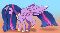 Size: 1280x697 | Tagged: safe, artist:nnaly, derpibooru import, princess twilight 2.0, twilight sparkle, twilight sparkle (alicorn), alicorn, pony, crown, cutie mark, ethereal mane, female, gradient background, hoof shoes, jewelry, looking at you, mare, older, older twilight, older twilight sparkle (alicorn), peytral, raised hoof, raised leg, regalia, smiling, smiling at you, solo, solo female, starry mane, starry tail, tail