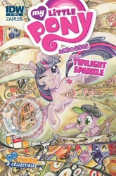 Size: 1054x1600 | Tagged: safe, artist:sara richard, derpibooru import, idw, spike, twilight sparkle, unicorn twilight, dragon, pony, unicorn, g4, abstract art, book, comic cover, cover, cover art, duo, duo male and female, female, horn, levitation, magic, male, mare, micro-series #1, modern art, my little pony logo, my little pony micro-series, open mouth, open smile, smiling, tail, telekinesis, variant cover