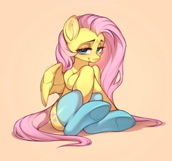 Size: 2048x1918 | Tagged: safe, artist:minekoo2, derpibooru import, fluttershy, pegasus, pony, clothes, female, high res, lidded eyes, mare, simple background, sitting, socks, solo