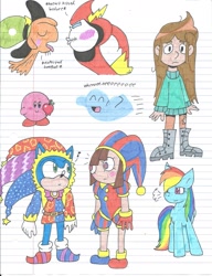 Size: 1700x2211 | Tagged: safe, artist:cmara, derpibooru import, rainbow dash, alien, anthro, hedgehog, human, pegasus, pony, g4, bloo (foster's), crossover, emanata, female, jester, kirby, kirby (series), libby, lord hater, male, music notes, pomni, skeleton dance (woy ship), sonic the hedgehog, sonic the hedgehog (series), the amazing digital circus, the ghost and molly mcgee, wander (wander over yonder), wander over yonder