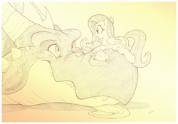 Size: 1789x1244 | Tagged: safe, artist:sherwoodwhisper, derpibooru import, fluttershy, dragon, pegasus, pony, cup, female, food, male, mare, monochrome, size difference, tea, teacup, teapot