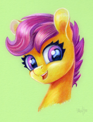 Size: 768x1000 | Tagged: safe, artist:maytee, derpibooru import, part of a set, scootaloo, pegasus, pony, g4, bust, commission, green background, portrait, simple background, smiling, toned paper