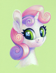 Size: 691x900 | Tagged: safe, artist:maytee, derpibooru import, part of a set, sweetie belle, pony, unicorn, g4, bust, commission, green background, horn, portrait, simple background, smiling, toned paper