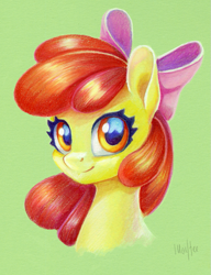 Size: 691x900 | Tagged: safe, artist:maytee, derpibooru import, part of a set, apple bloom, earth pony, pony, g4, bust, commission, green background, portrait, simple background, smiling, toned paper