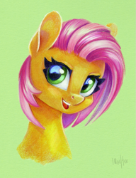 Size: 691x900 | Tagged: safe, artist:maytee, derpibooru import, part of a set, babs seed, earth pony, pony, g4, bust, commission, green background, portrait, simple background, smiling, toned paper