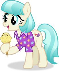 Size: 2569x3117 | Tagged: safe, artist:anime-equestria, derpibooru import, coco pommel, earth pony, pony, g4, clothes, female, food, happy, hawaiian shirt, high res, ice cream, mare, shirt, simple background, solo, transparent background, vector