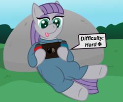 Size: 3300x2750 | Tagged: safe, artist:sweetielover, derpibooru import, maud pie, earth pony, pony, g4, atg 2024, clothes, countryside, female, high res, lying down, newbie artist training grounds, nintendo switch, rock, solo, text, tongue, tongue out, video game